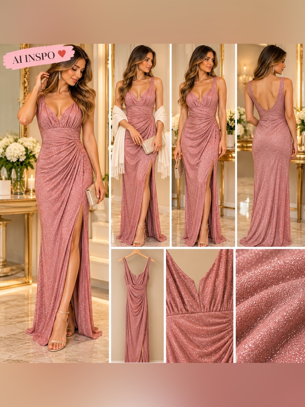 Le Château Pink Sparkle Ruched Maxi Dress | V-Neck | P/S
